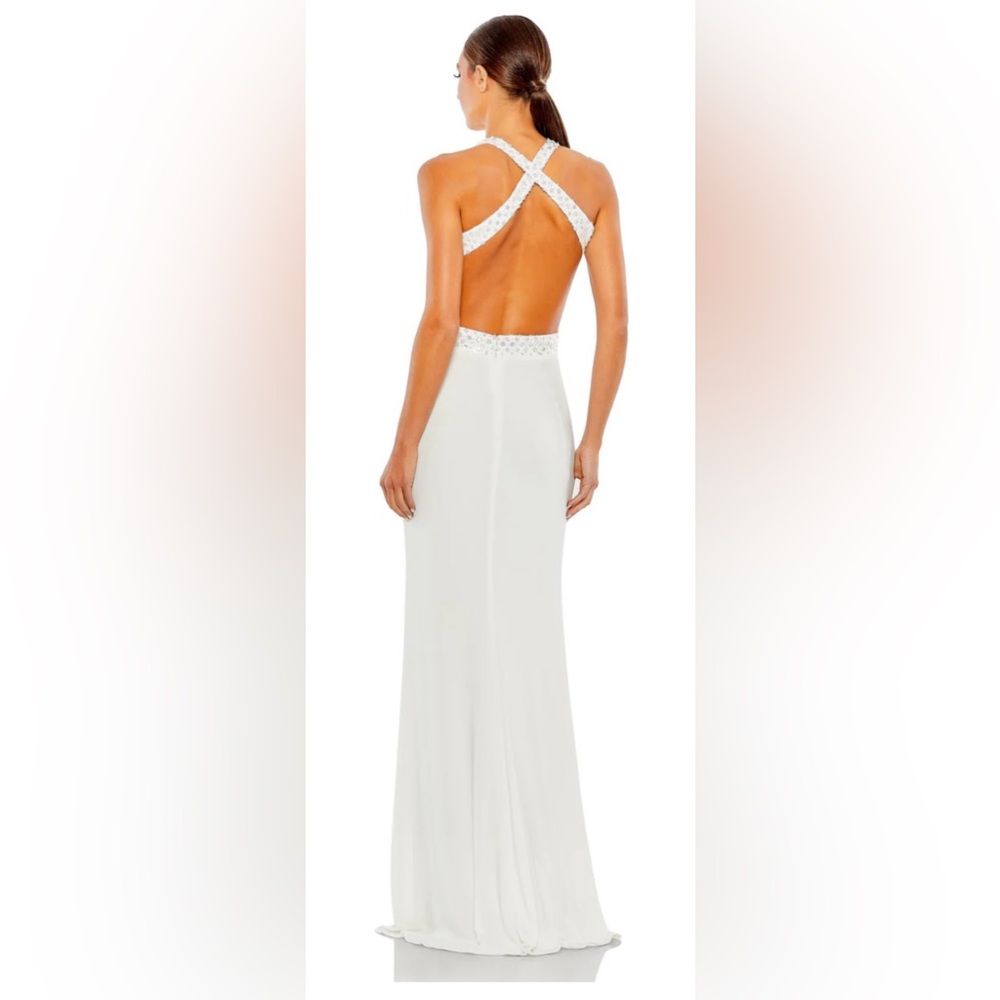 NWT Mac Duggal White Sequined Criss Cross Bodice Gown - Picture 3 of 8